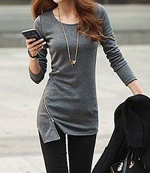 

Simple Style Solid Color Zipper Embellished Cotton Slimming Long Sleeve Women's T-shirt, Deep gray