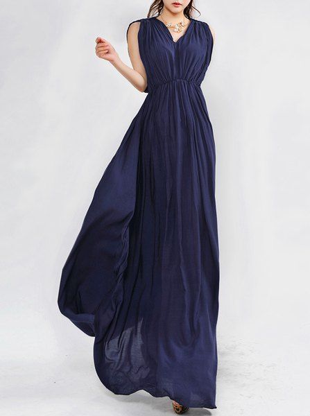 Sleeveless Pleated Long Formal Prom Dress, Navy blue