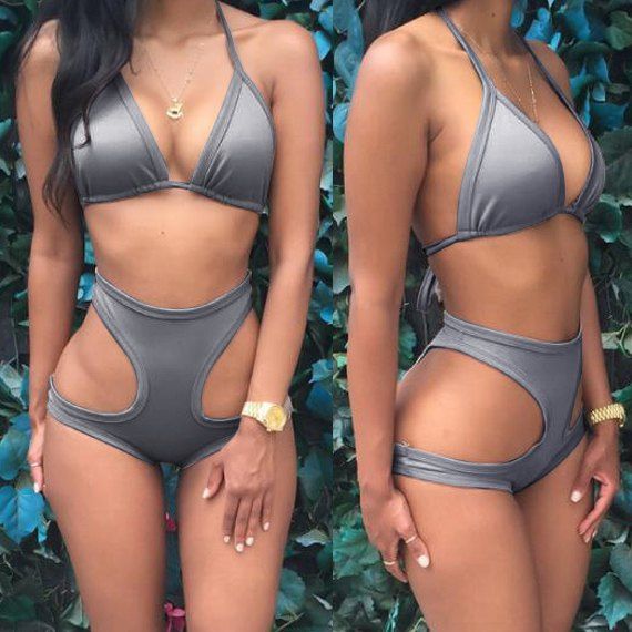 Gray S Sexy Halter Solid Color Lace Up High Waisted Cut Out Women S Bikini Set Rosegal