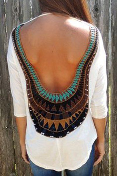 Off Stylish Round Neck Long Sleeve Tribal Print Backless Women S