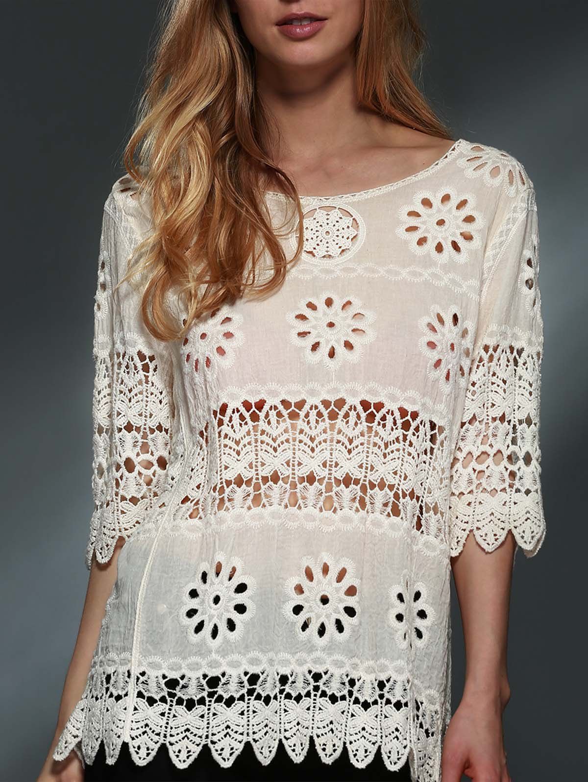 Off Stylish Scoop Neck Sleeve Hollow Out Crochet Blouse For