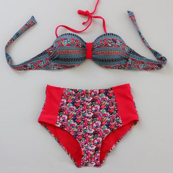 25 OFF Ethnic Style Halterneck Floral Print Bikini Set For Women