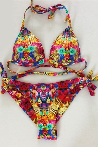 Off Sexy Halter Floral Print Sequined Side Tie Bikini Set For