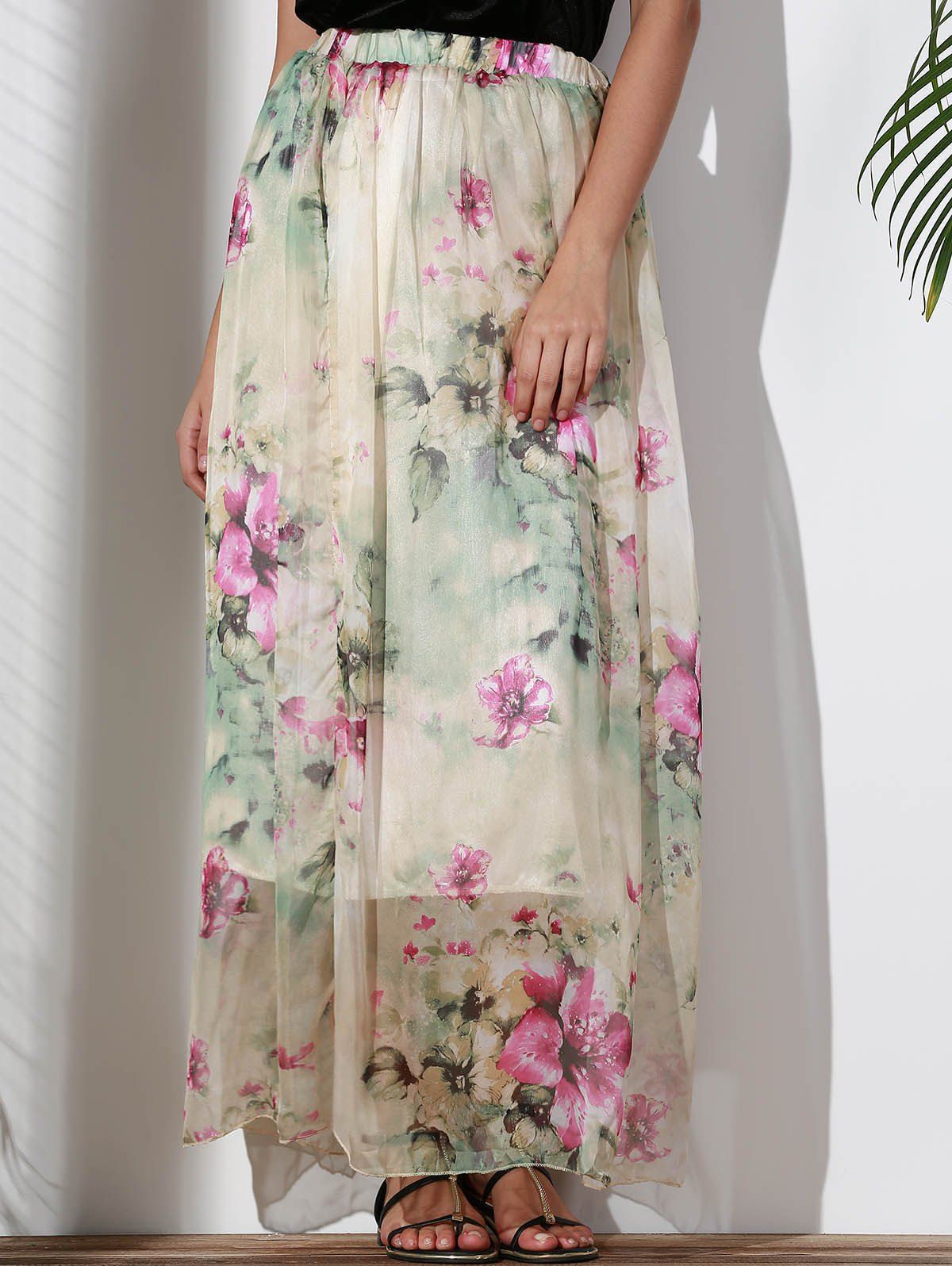 18 OFF Graceful Elastic Waist Floral Print Chiffon Maxi Skirt For