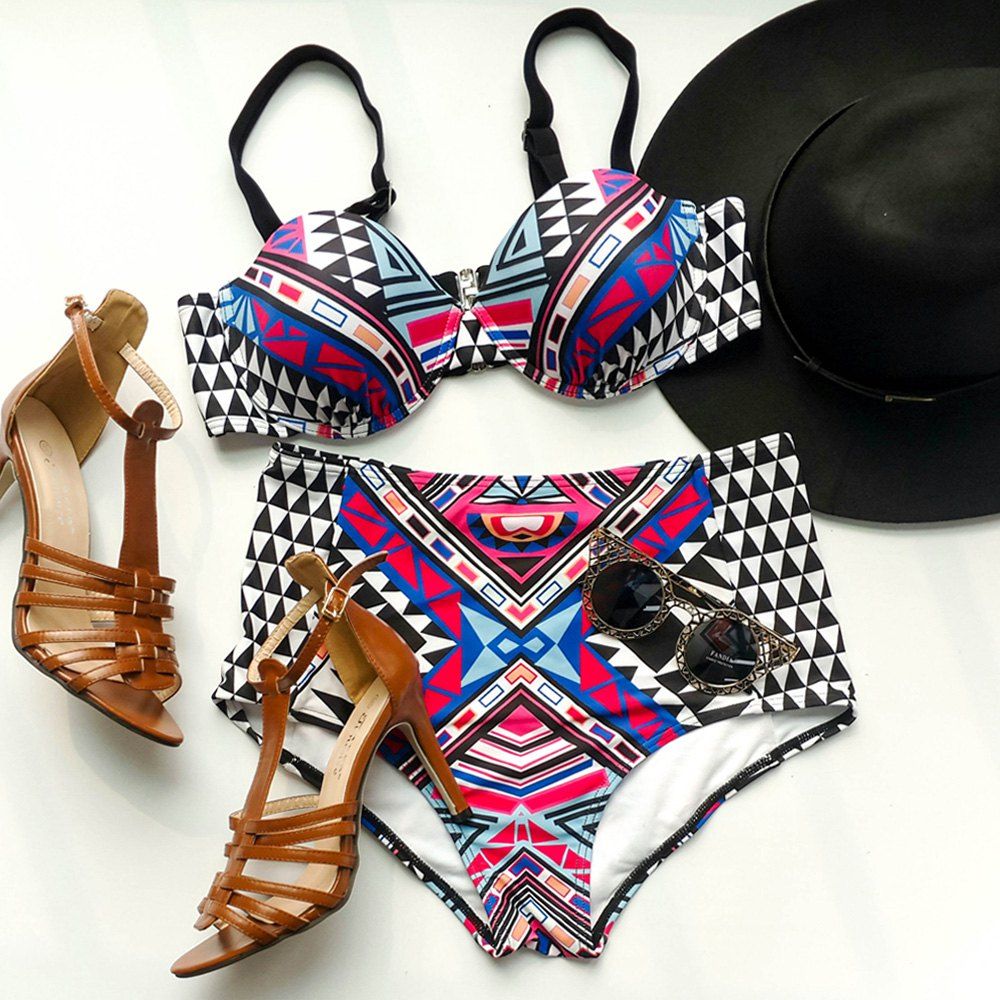 Off Sexy Spaghetti Strap Geometric High Waist Bikini Set For