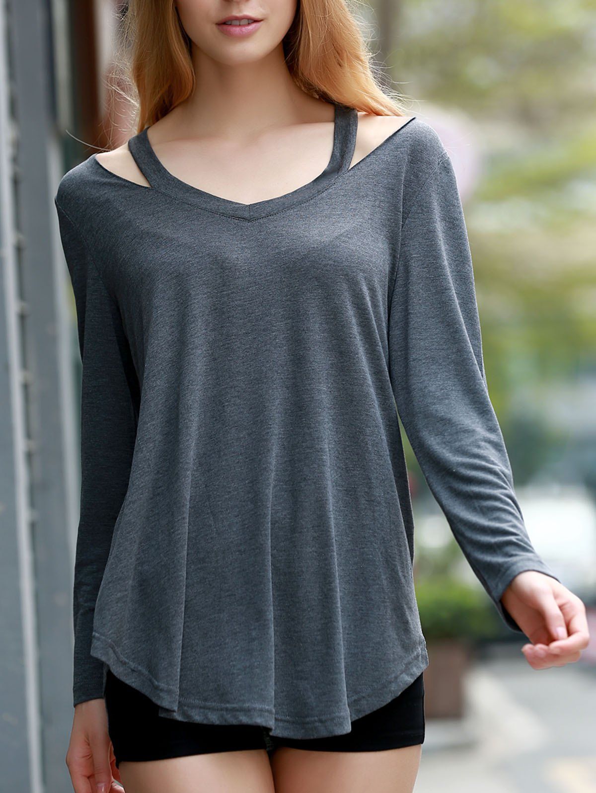 Off Stylish V Neck Long Sleeve Hollow Out Asymmetrical T Shirt