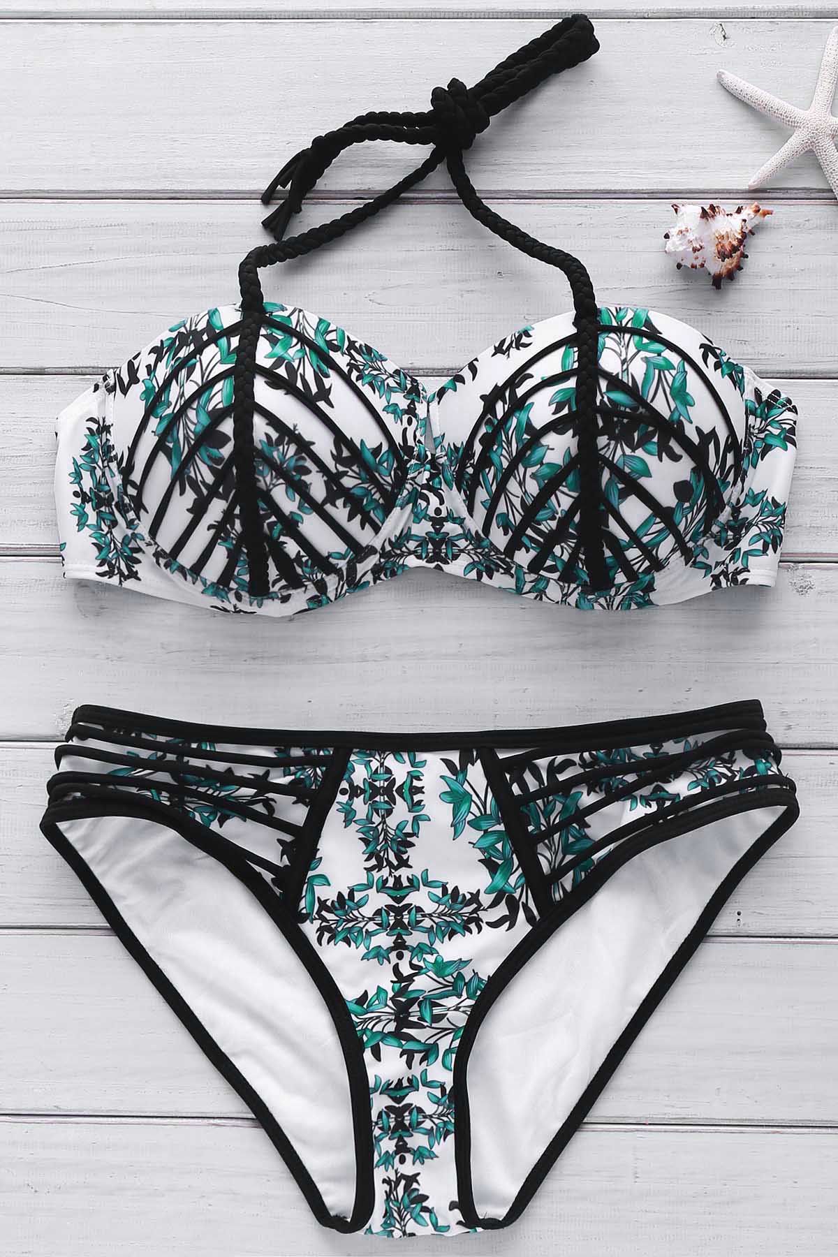 OFF Sexy Braid Halter Printed Strappy Bikini Set For Women Rosegal