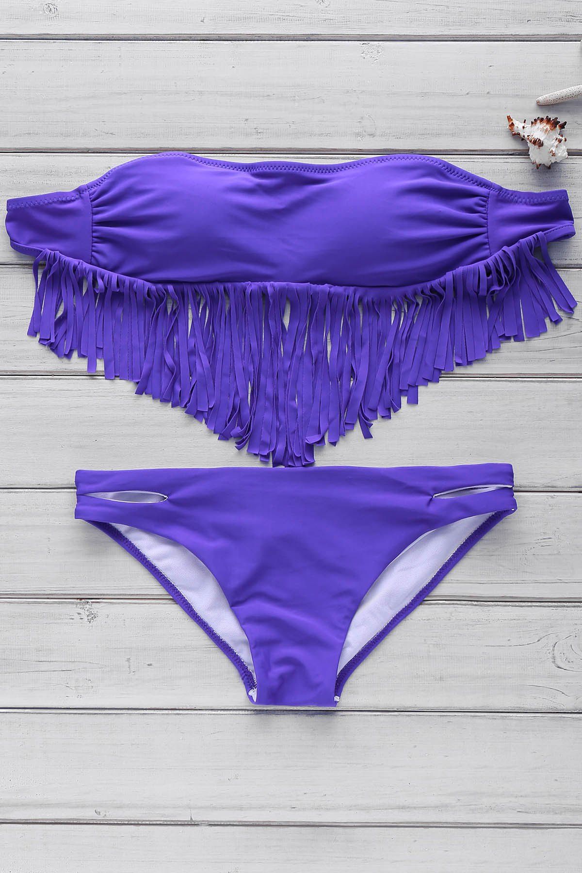 Deep Purple M Fashionable Strapless Tassel Bikini Set For Women