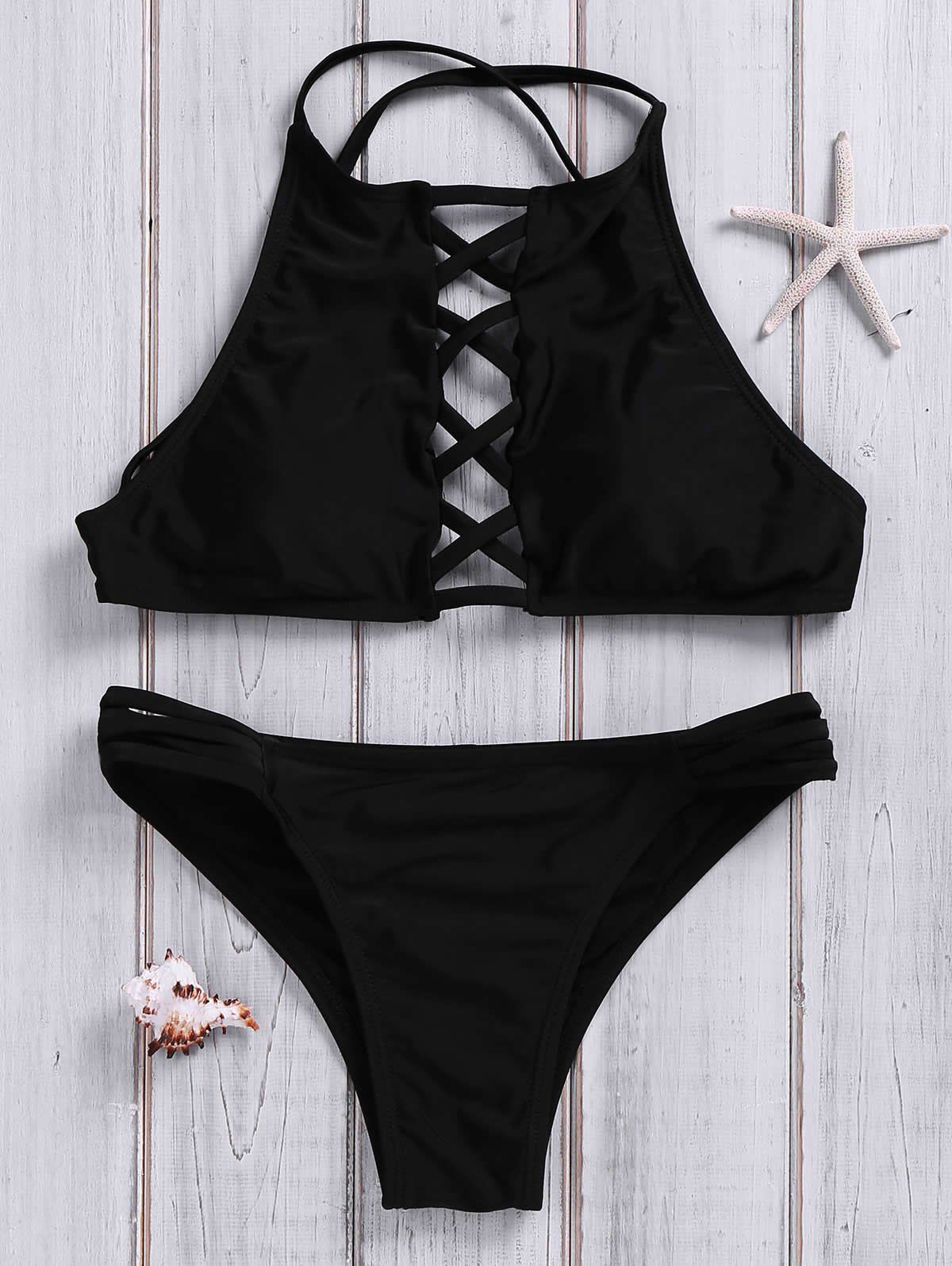 Off Halter Criss Cross Lattice Front Bikini Rosegal