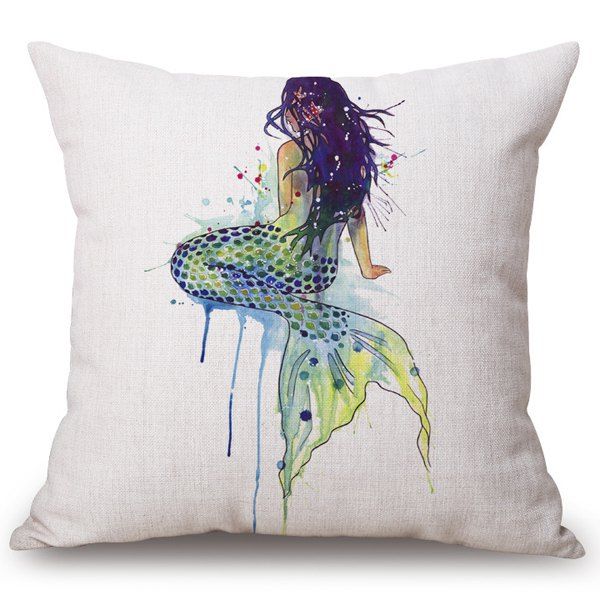 

Fashion Mermaid Watercolor Pattern Square Shape Flax Pillowcase (Without Pillow Inner), Colormix