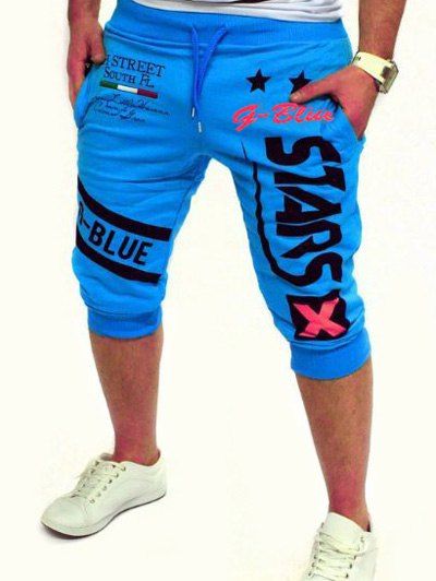 Graphic and Star Printed Lace-Up Jogger Shorts, Lake blue