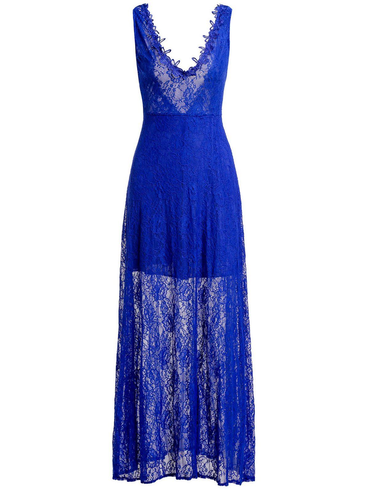 Sheer Lace Backless Maxi Evening Dress, Blue