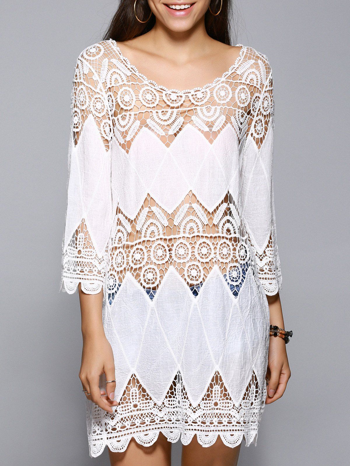 White L Trendy 3 4 Sleeve Lace Spliced Hollow Out White Cover Up