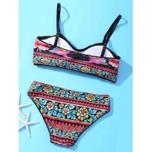 Red Black S Ethnic Spaghetti Straps Flower Bird Print Laciness Bikini