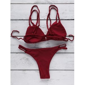 Wine Red S Braided Strap Padded String Bikini Set RoseGal