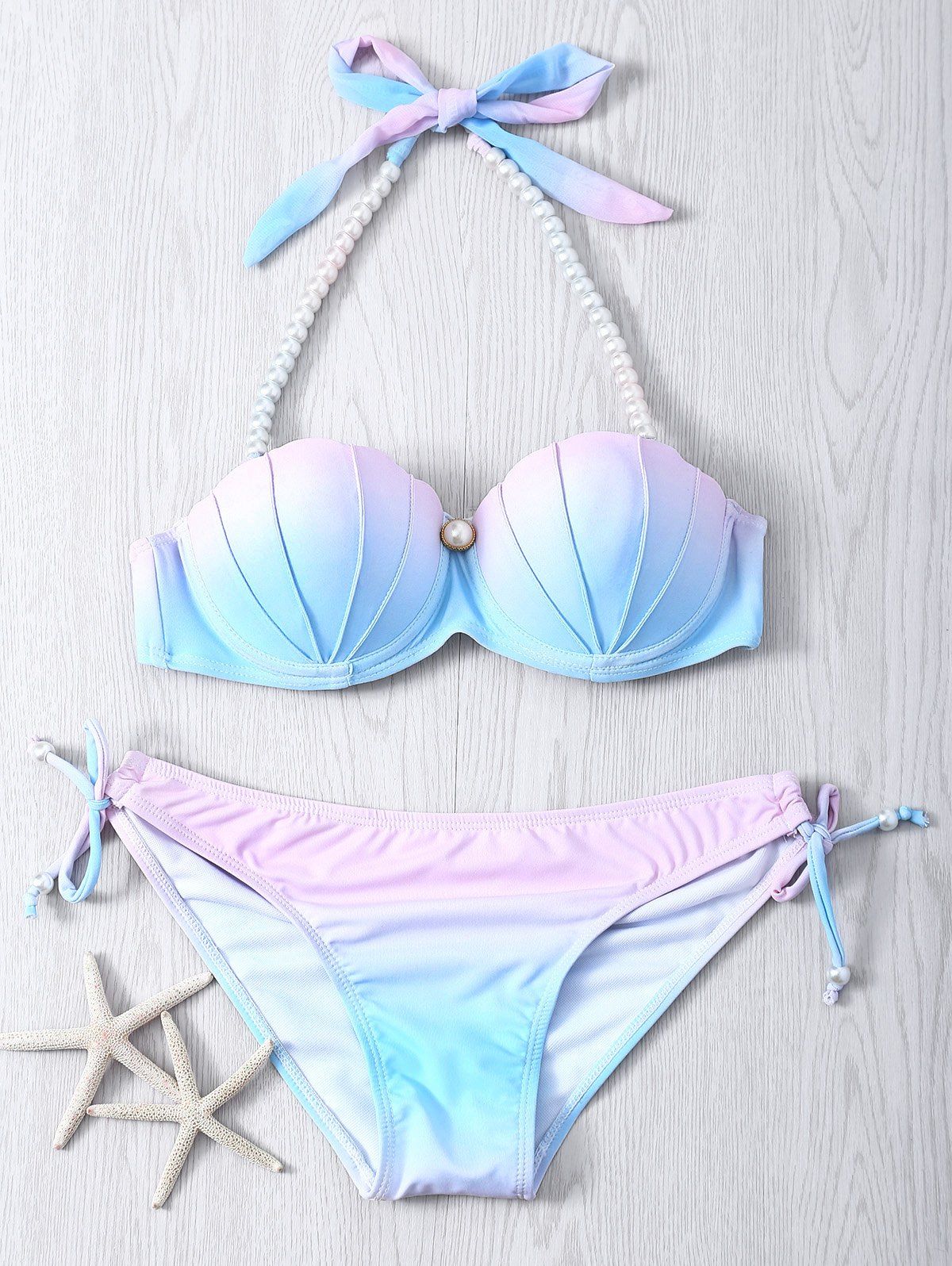 OFF Sweet Beaded Halter Neck Color Ombre Bikini Set Rosegal