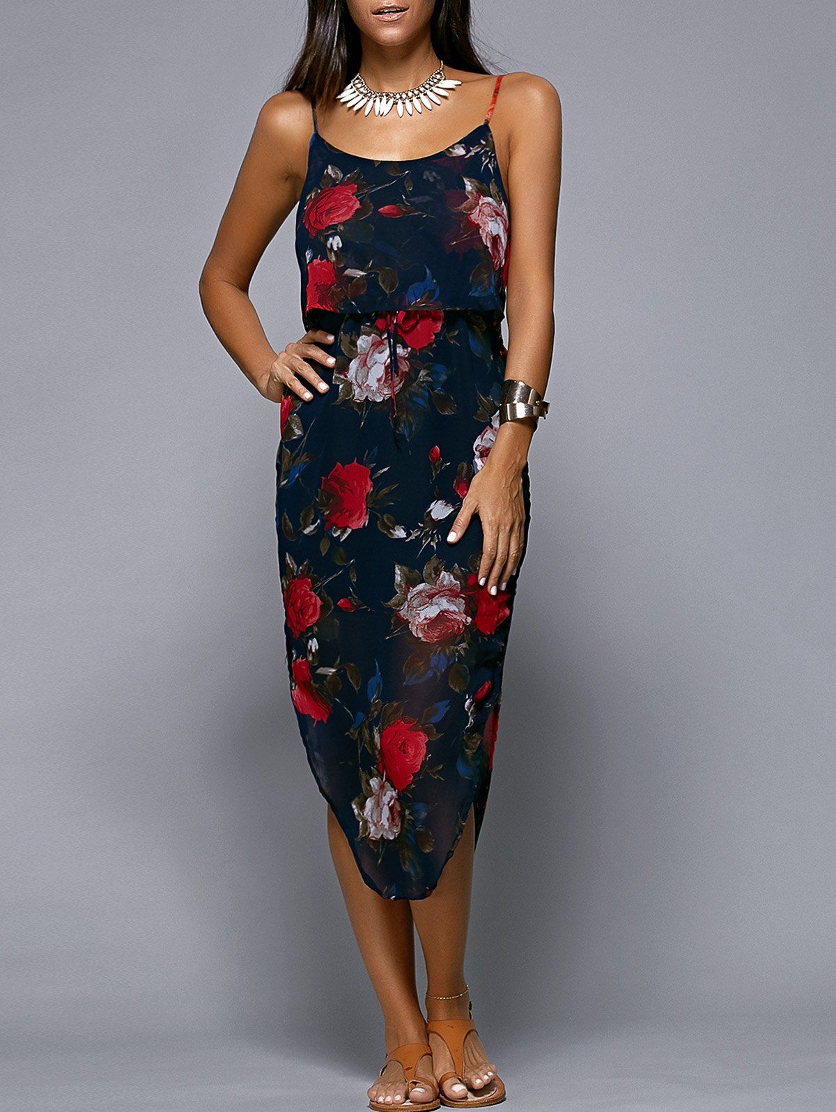 46 OFF Spaghetti Strap Floral Print Asymmetric Midi Dress Rosegal