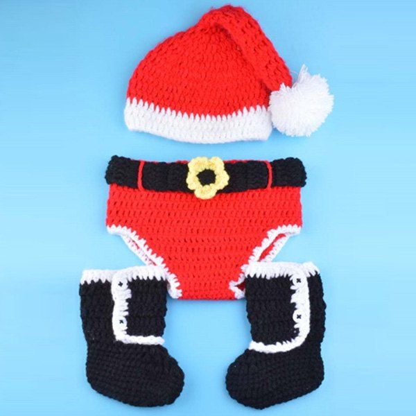 

Creative Knitted 3PCS Christmas Hat Shorts and Boots Baby Clothes Set, Red with black