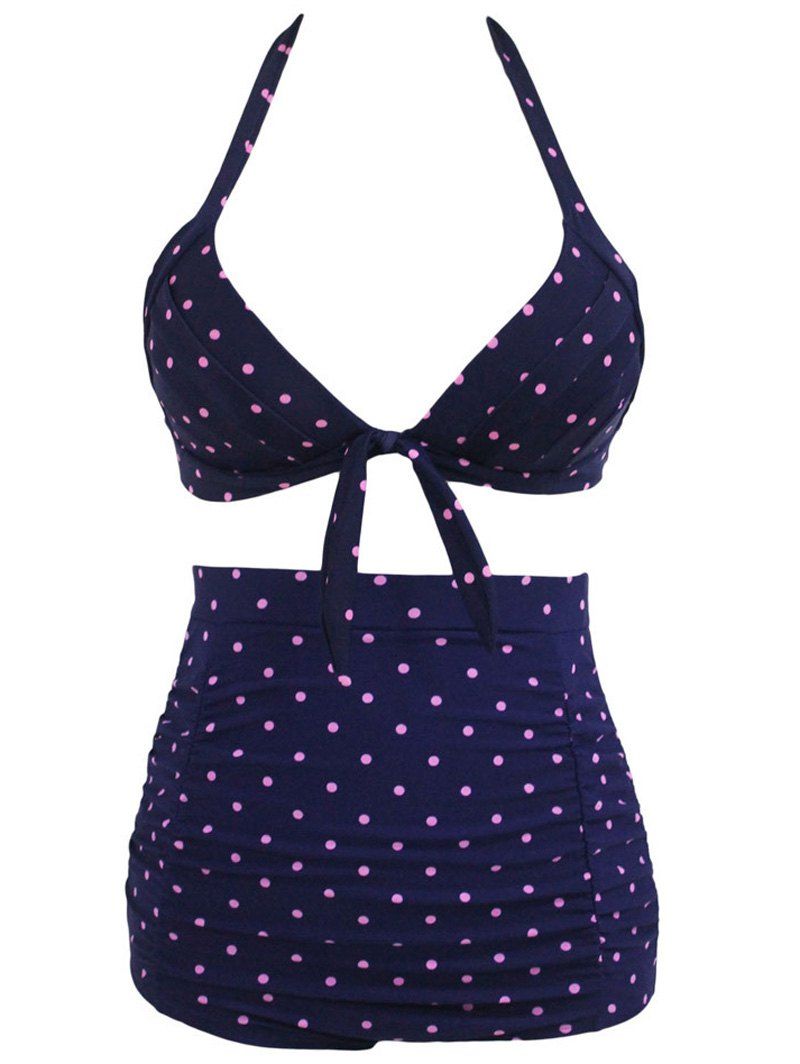 26 OFF Stylish Polka Dot Print High Waist Halter Bikini Set Rosegal