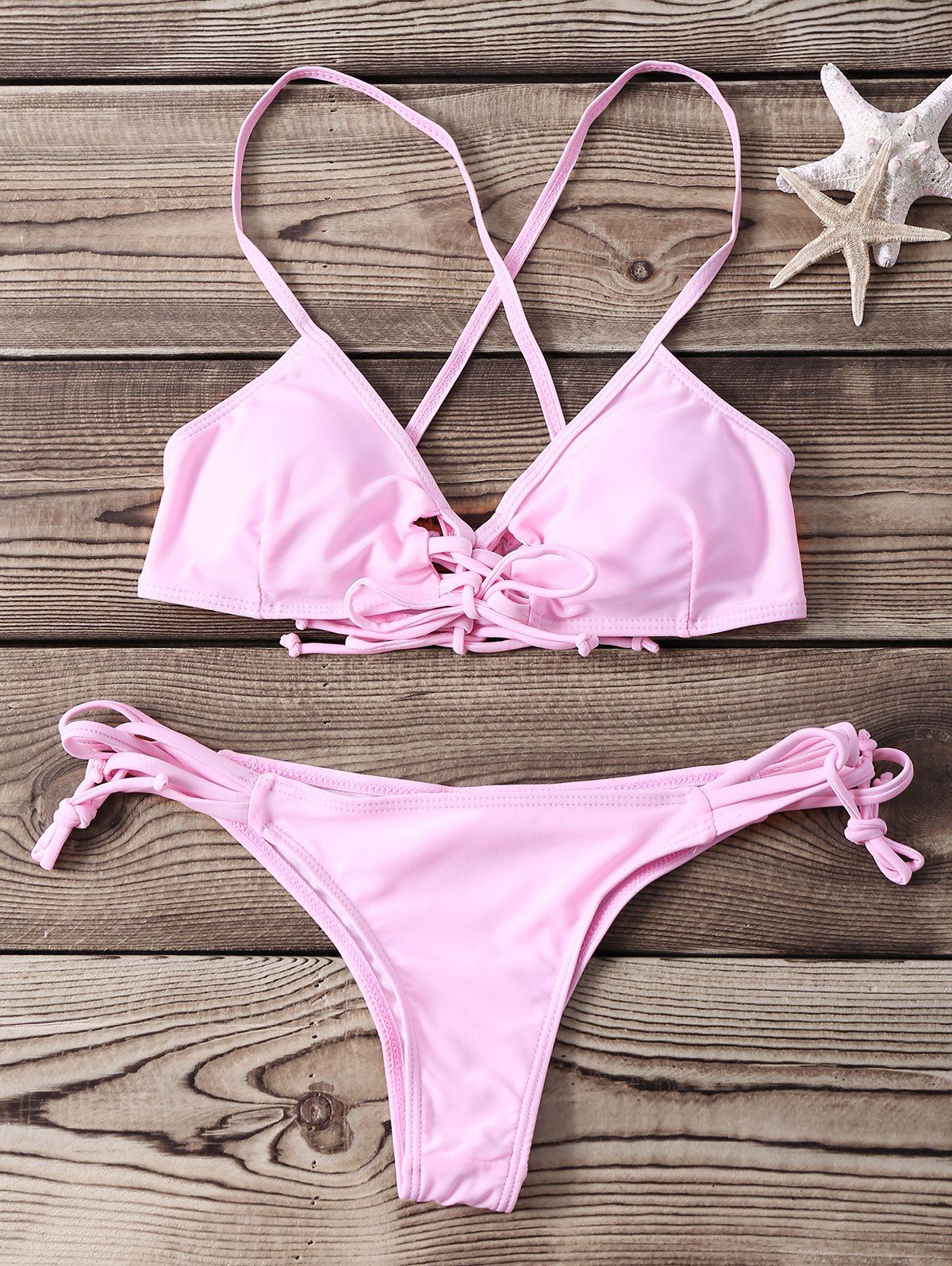 OFF Spaghetti Strap Lace Up Pink Women S Bikini Set Rosegal