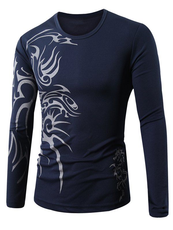 Tattoo Printed Round Collar Long Sleeve T-Shirt, Cadetblue