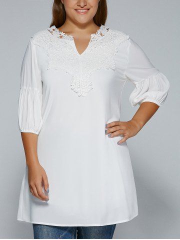 White Xl Plus Size Crochet Lace Splicing V Neck Blouse Rosegal