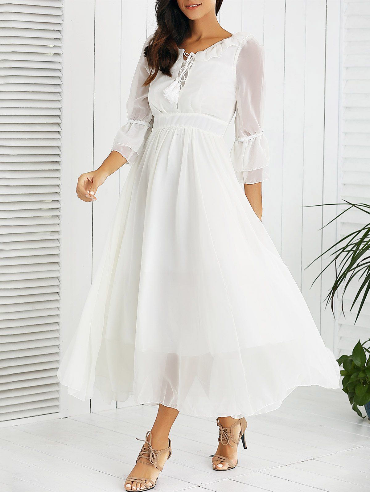 Off Flounced Tasseled High Waist Chiffon Dress Rosegal