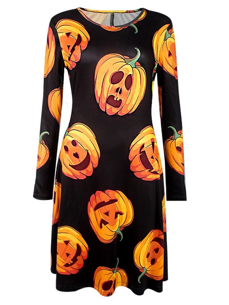 Halloween Pumpkin Print Long Sleeve Dress, Black