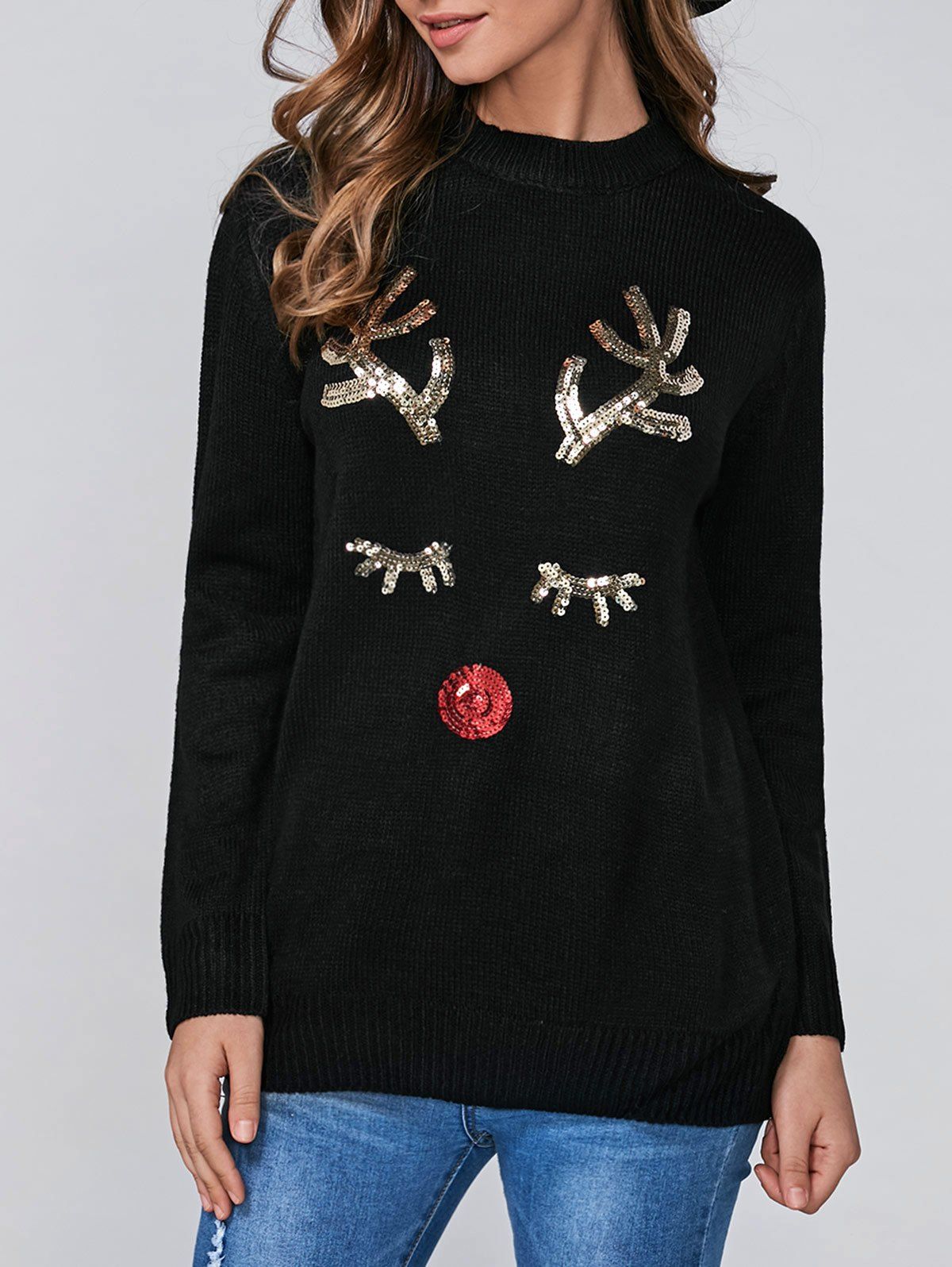 Christmas Sequins Deer Pullover Sweater, Black