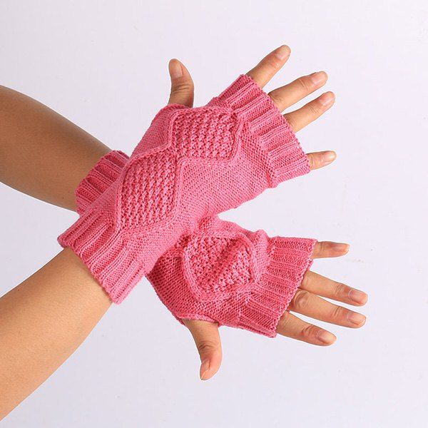 Winter Rhombus Knit Fingerless Gloves, Deep pink