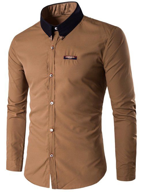 

Contrast Collar Metal Embellished Button Up Shirt, Earthy
