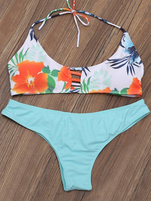 OFF Lattice Strap Halter Floral Bikini Set Rosegal