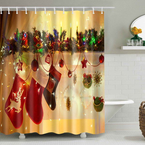 Mouldproof Christmas Hanging Sock Waterproof Shower Curtain, Deep yellow