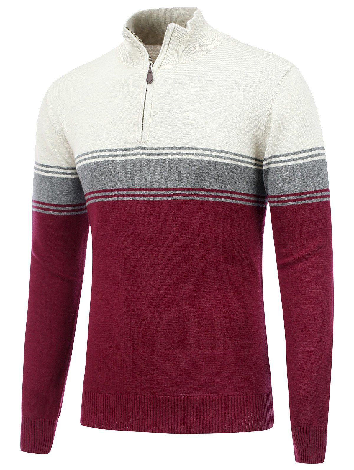 Stand Collar Striped Half Zip Sweater, Burgundy 
Stand Collar Striped Half Zip Sweater, Burgundy