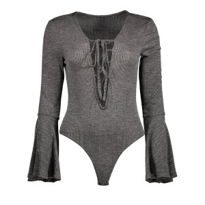 Gray S Bell Sleeve Low Cut Lace Up Bodysuit Rosegal