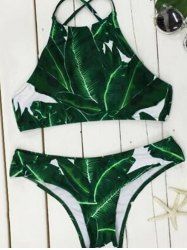 Off Trendy Leaf Print High Neck Women S Bikini Set Rosegal