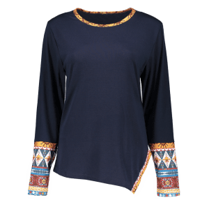 Cadetblue L Long Sleeve Tribal Print Asymmetric T Shirt Rosegal