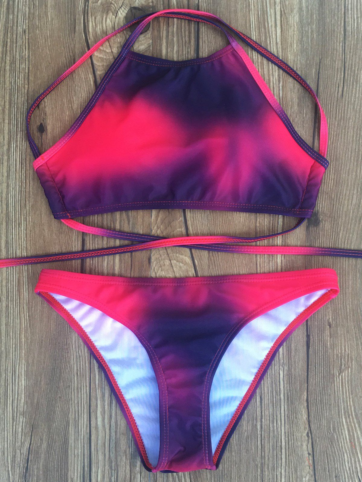 6 OFF Halter High Neck Tie Dyed Padded Bikini Set Rosegal