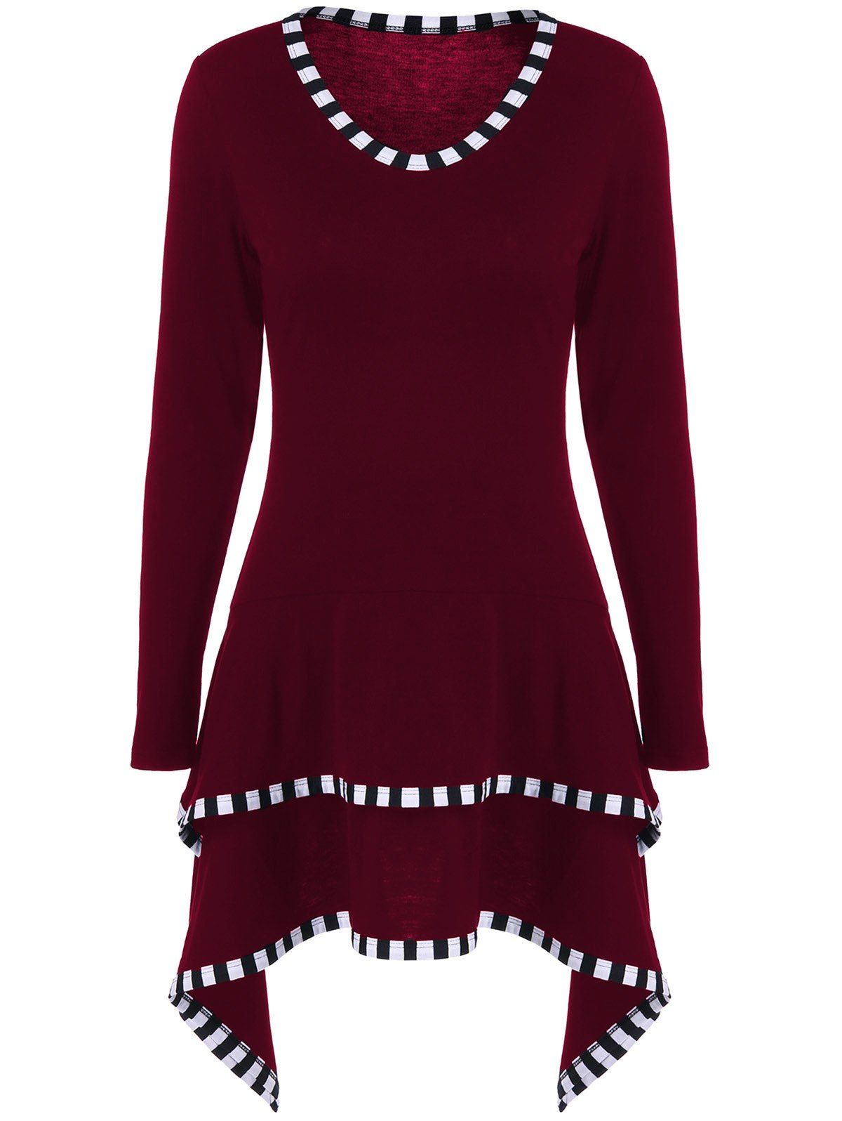 Striped Trim Layered Asymmetric T-Shirt, Wine red
Striped Trim Layered Asymmetric T-Shirt, Wine red