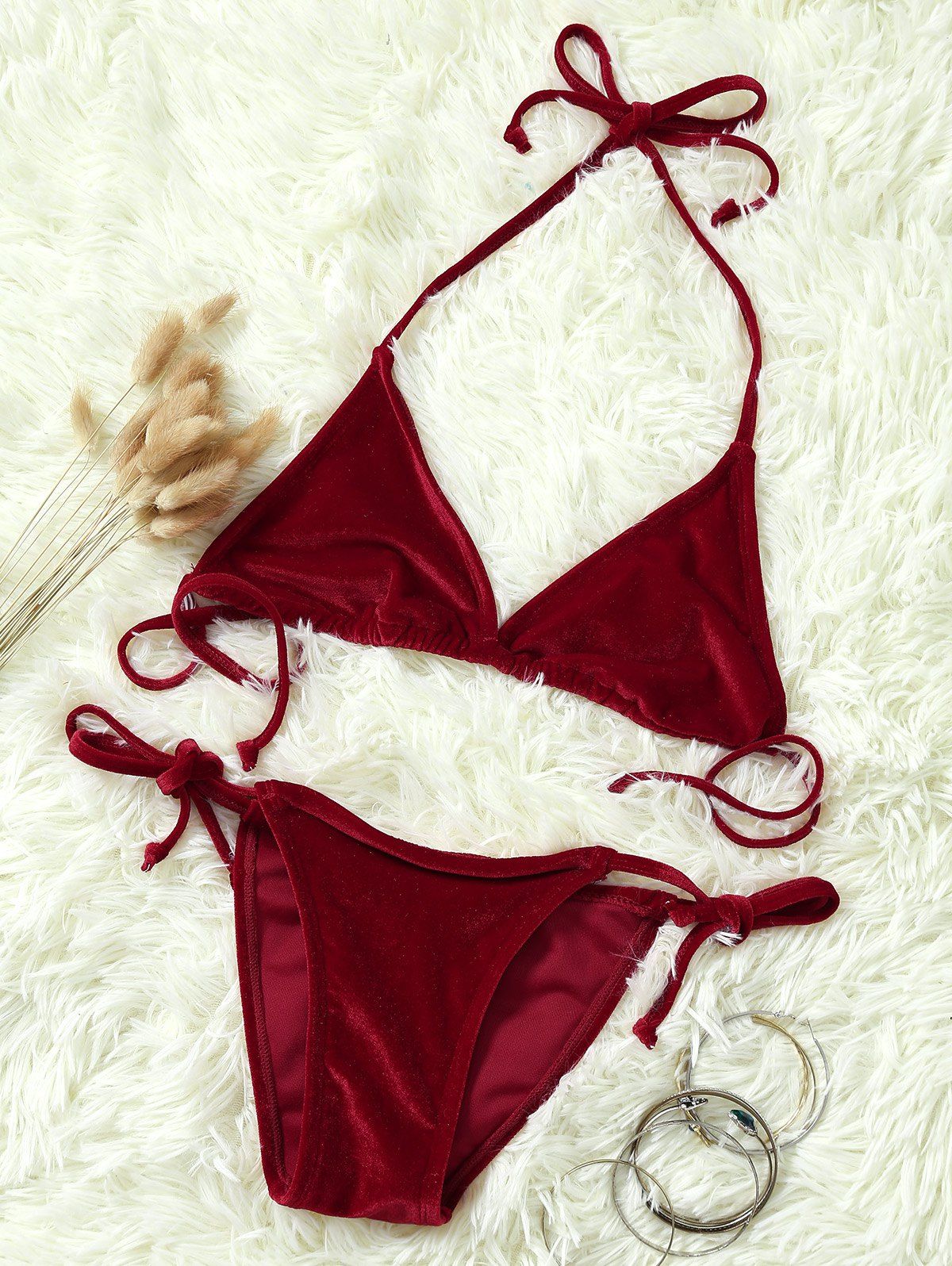 38 OFF Velvet Skimpy Halter Bikini Rosegal