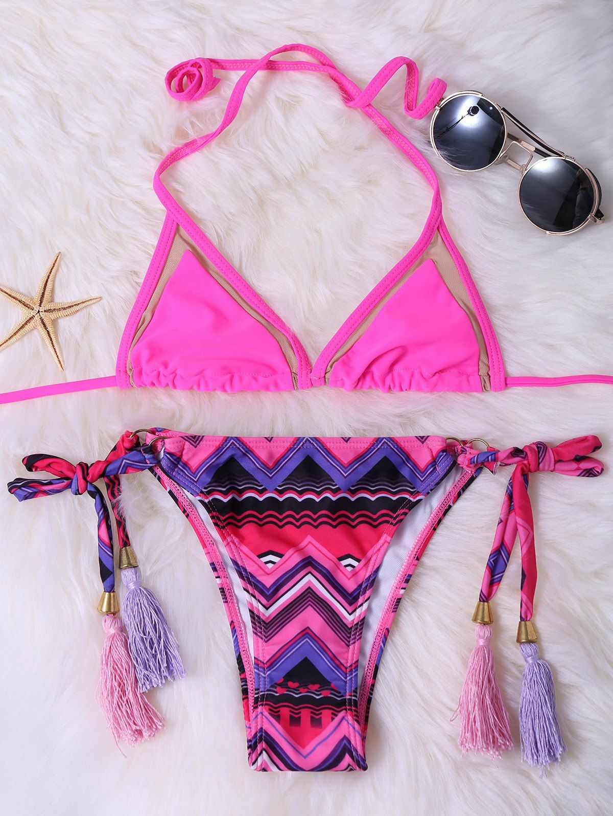 Off Zigzag Tassel Halter String Bikini Rosegal