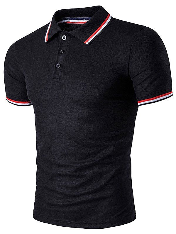 Polo T-Shirt with Striped Sleeve Collar, Black