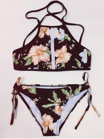 11 OFF Floral Halter High Neck 2 Piece Bikini Swimsuit Rosegal