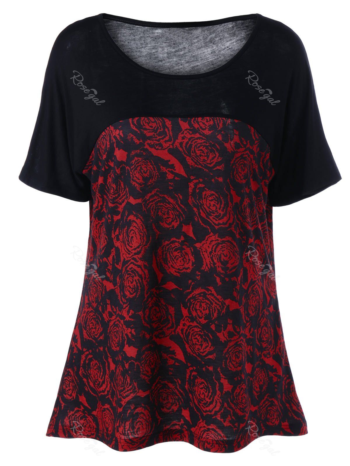 

Floral Plus Size Long Two Tone T-Shirt, Red with black