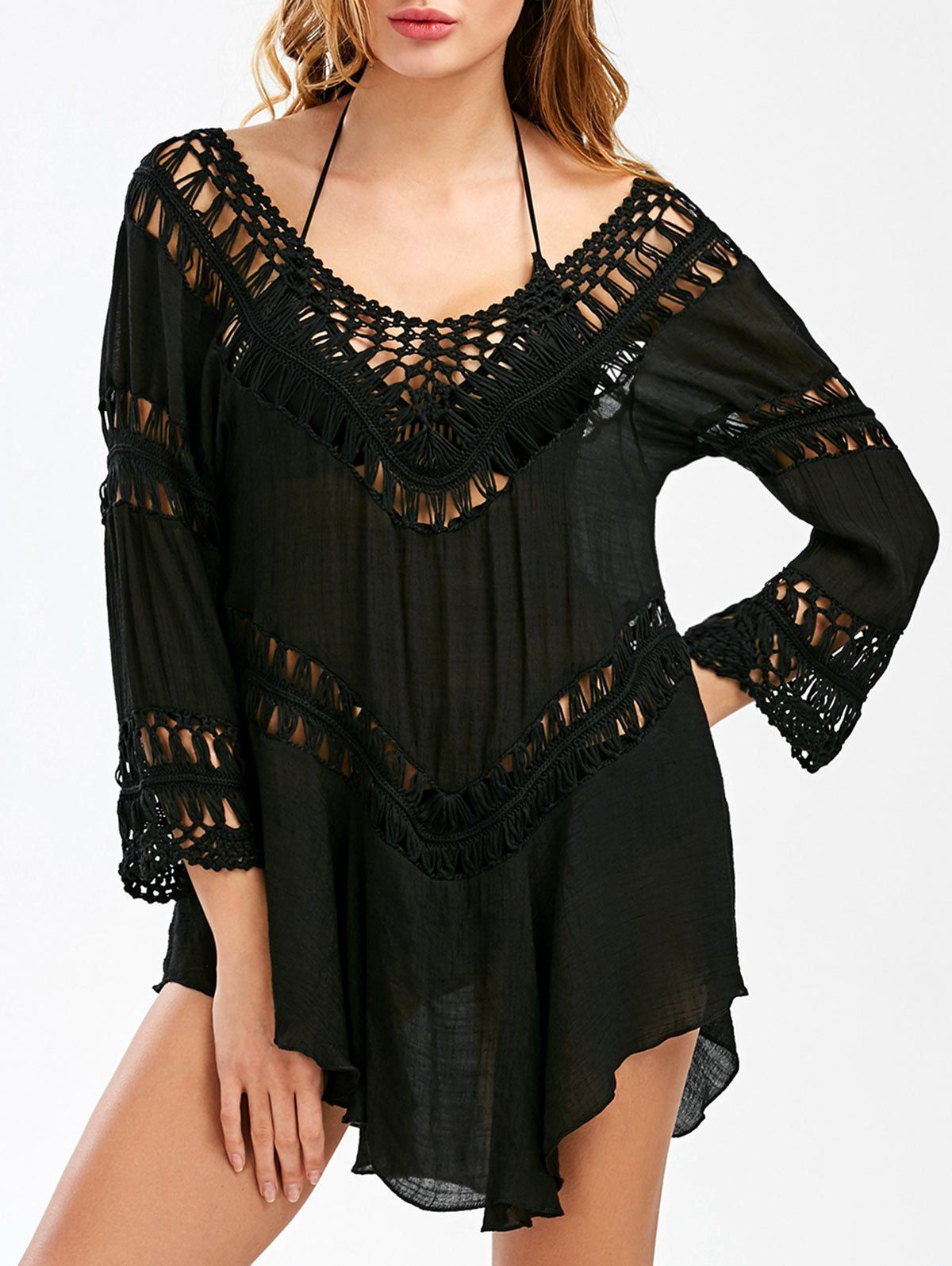 Crochet Panel Swing Beach Tunic Cover Up, Black