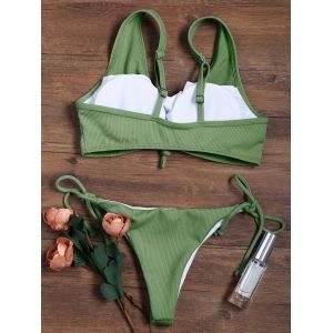 Army Green L Knotted Adjustable Straps Ribbed String Bikini Swimsuit