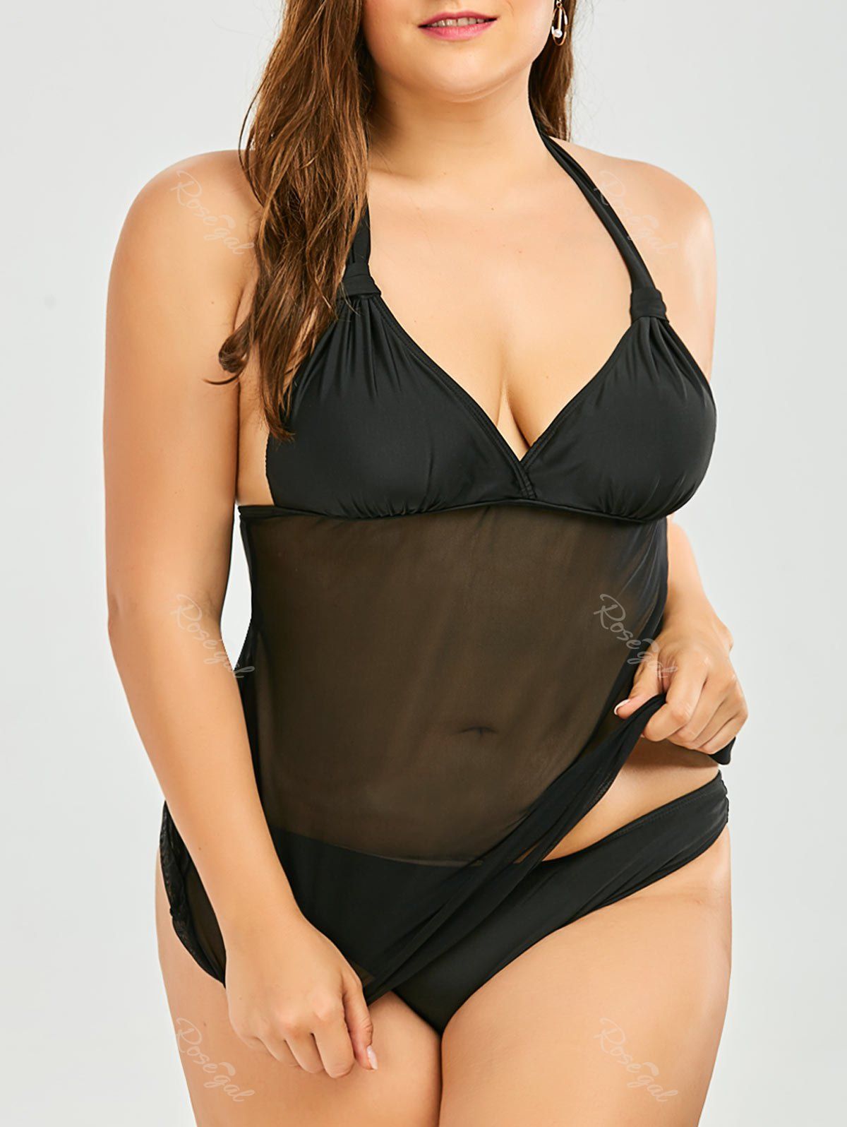 OFF Plus Size Mesh Panel Halter Padded Tankini Swimwear Rosegal