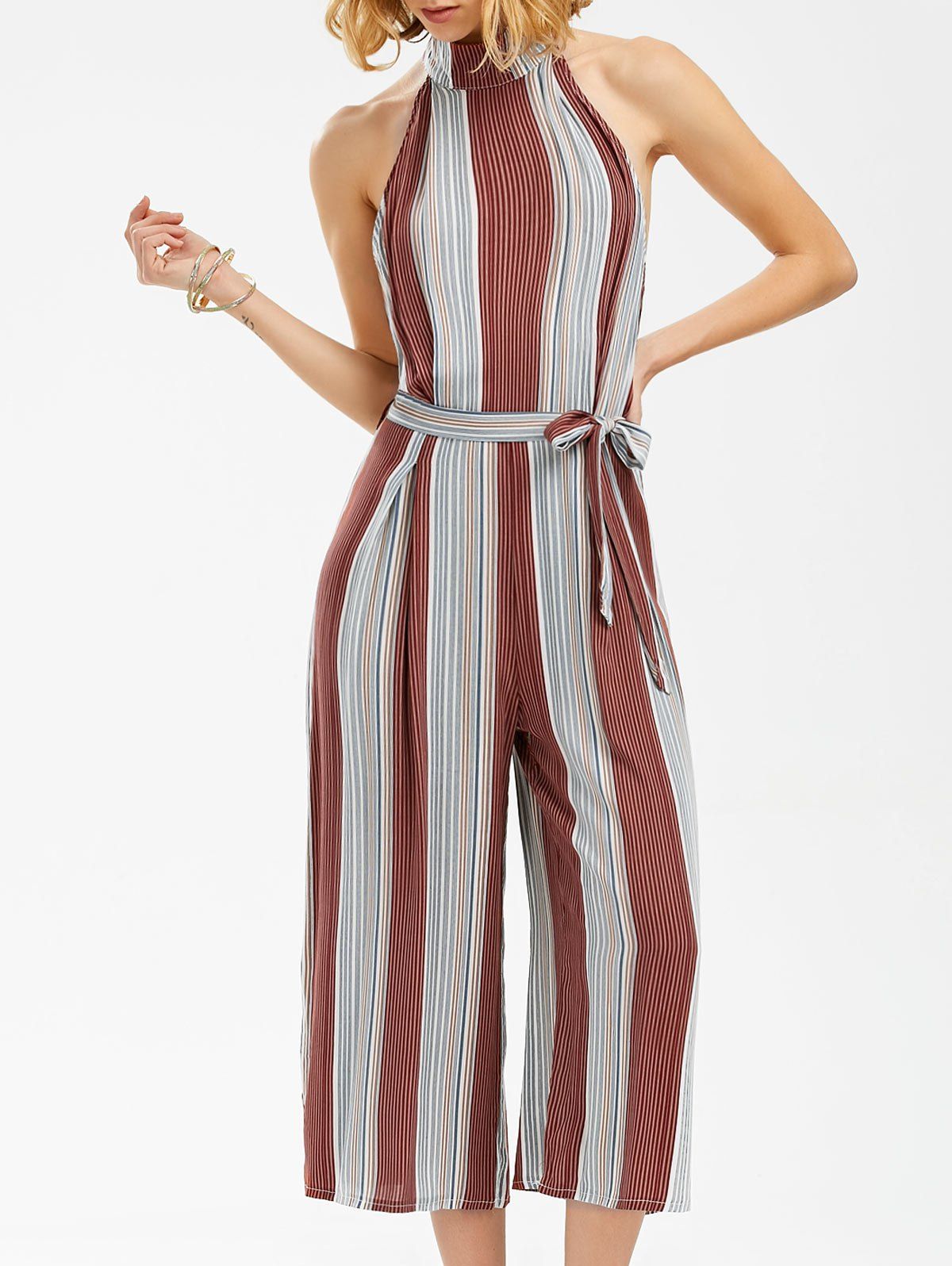 10 OFF Backless Stripe Wide Leg Jumpsuit Rosegal