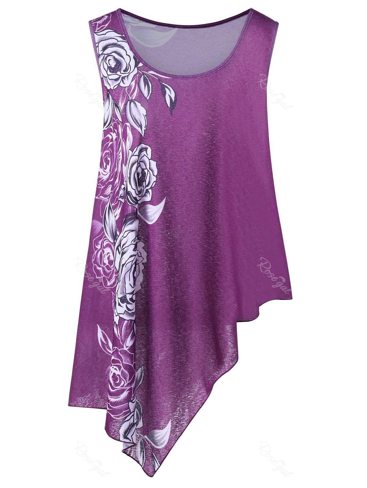 Purple Xl Plus Size Floral Asymmetric Tank Top Rosegal