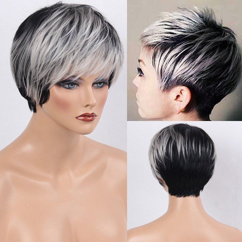 

Colormix Side Bang Silky Layered Straight Short Human Hair Wig, White and black